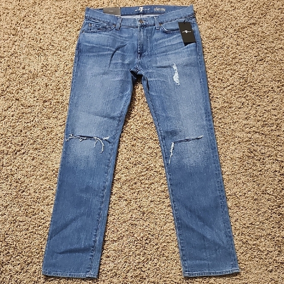 NWT 7 For All Mankind Jeans Slim Fit Straight Leg Pants 32 Slimmy Distressed - Picture 1 of 8